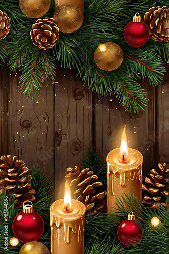 Cozy Christmas Candle Display: Pine Cones, Evergreen Branches, Red and Gold Ornaments, and Glowing Bokeh Lights in a Festive Holiday Scene - Close-Up Photography