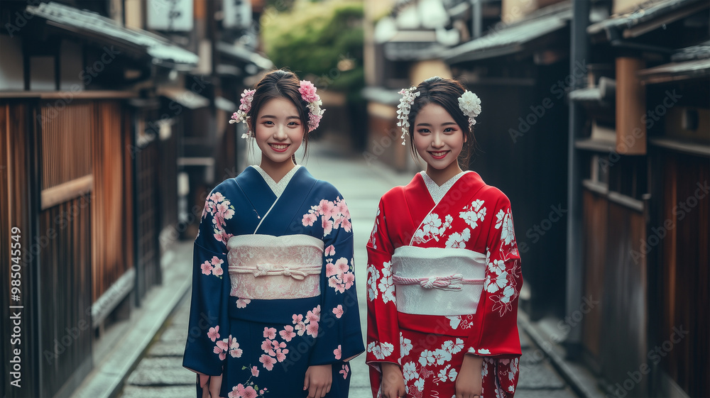 京都の路地で微笑む着物姿の女性たち 京都の路地で微笑む着物姿の女性たち
