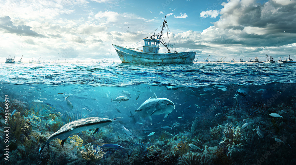 Obraz premium A depiction of sustainable fisheries with responsible fishing practices and marine conservation efforts.
