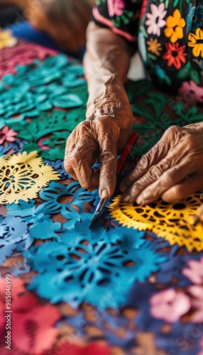 Artisan Crafting Vibrant Papel Picado Designs - Traditional Mexican Paper Art for Celebrations