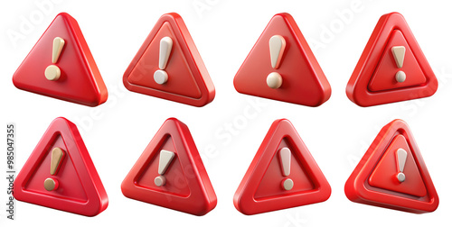 PNG Red danger warning triangle 3d collection, in cartoon style minimal on transparent, white background, isolate 