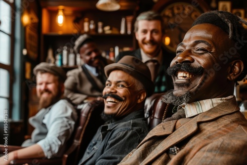 Vintage Barbershop Scene with Diverse Stylish Mustaches and Classic Grooming Products