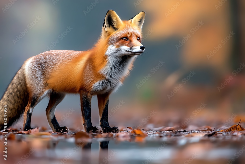 A fox standing in a clearing, its orange fur blending with the autumn colors of the forest, surrounded by fog A fox standing in a clearing, its orange fur blending with the autumn colors of the forest, surrounded by fog