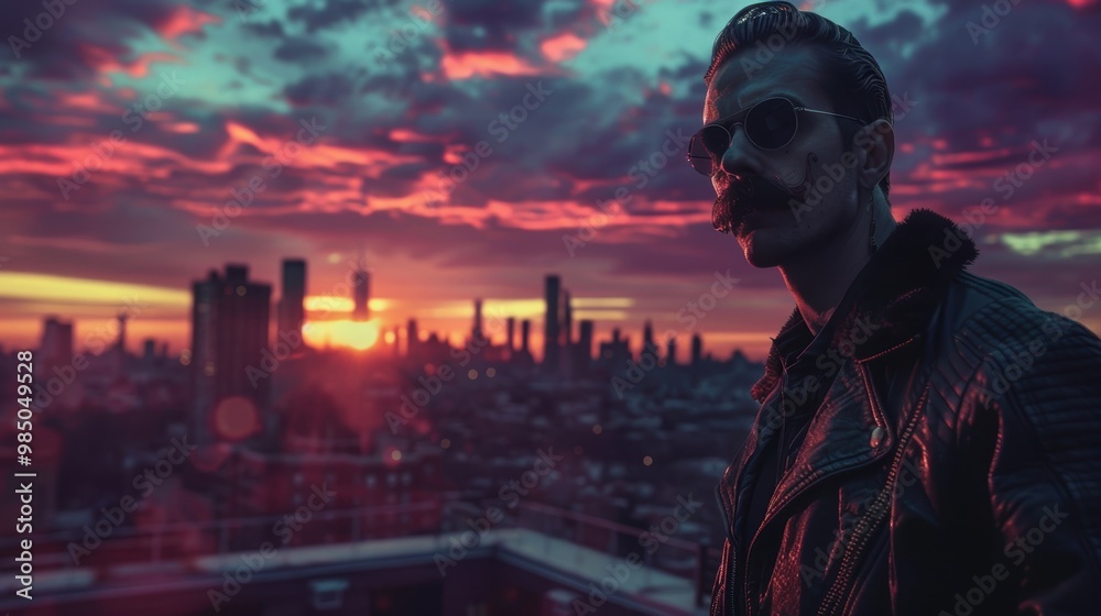 Cinematic Sunset Rooftop View: Man in Leather Jacket Overlooking Vibrant City Skyline Cinematic Sunset Rooftop View: Man in Leather Jacket Overlooking Vibrant City Skyline