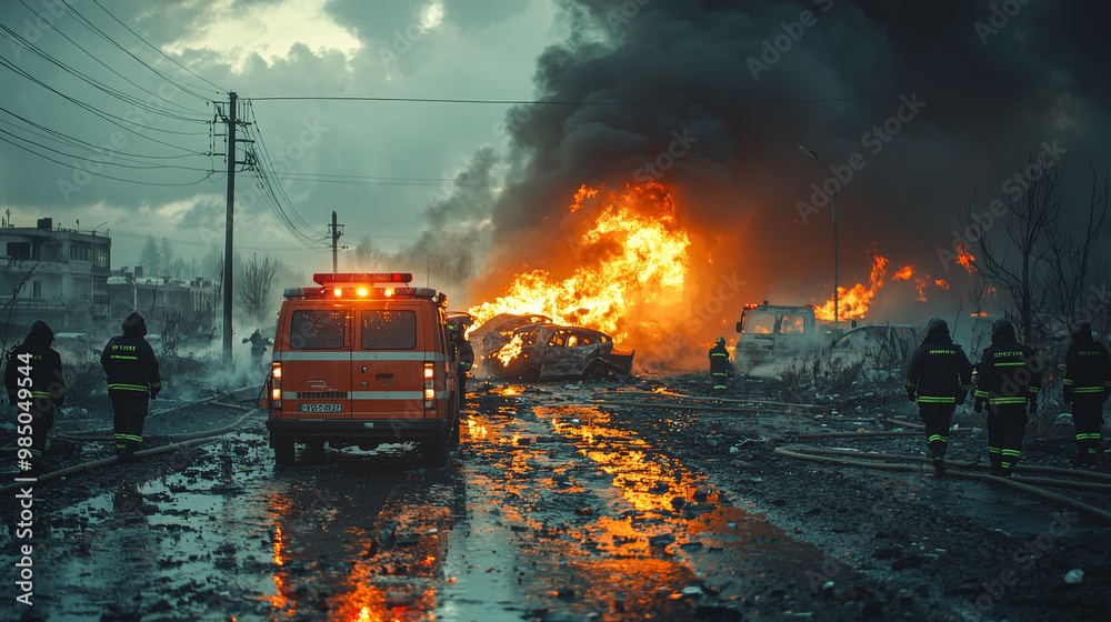 Firefighters battle a large blaze in a city street, flames engulfing cars and buildings. Firefighters battle a large blaze in a city street, flames engulfing cars and buildings.