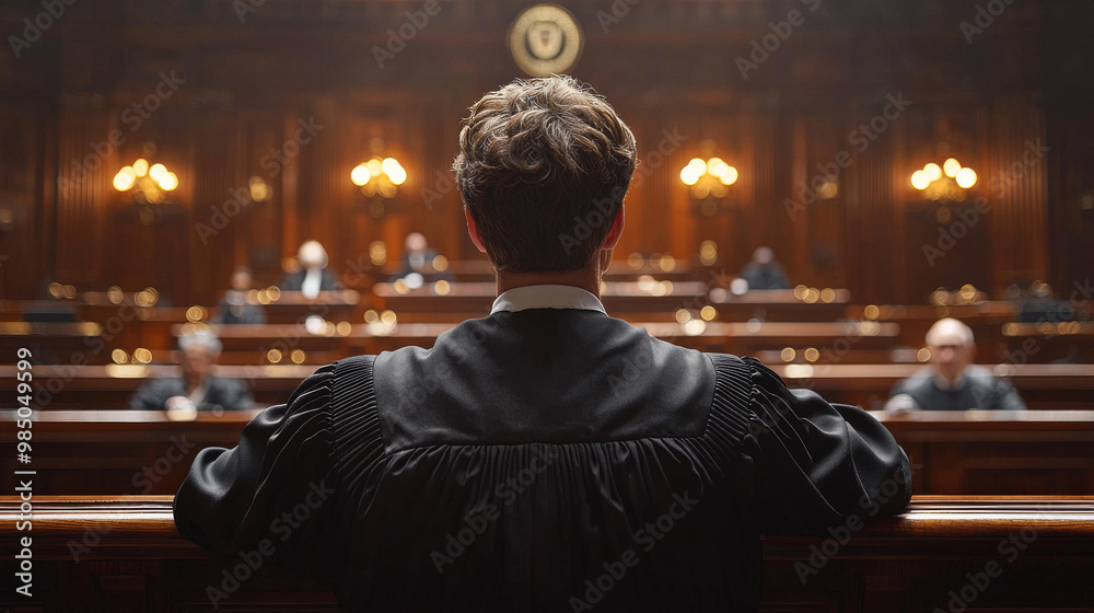A man in a black robe sits facing a courtroom. A man in a black robe sits facing a courtroom.