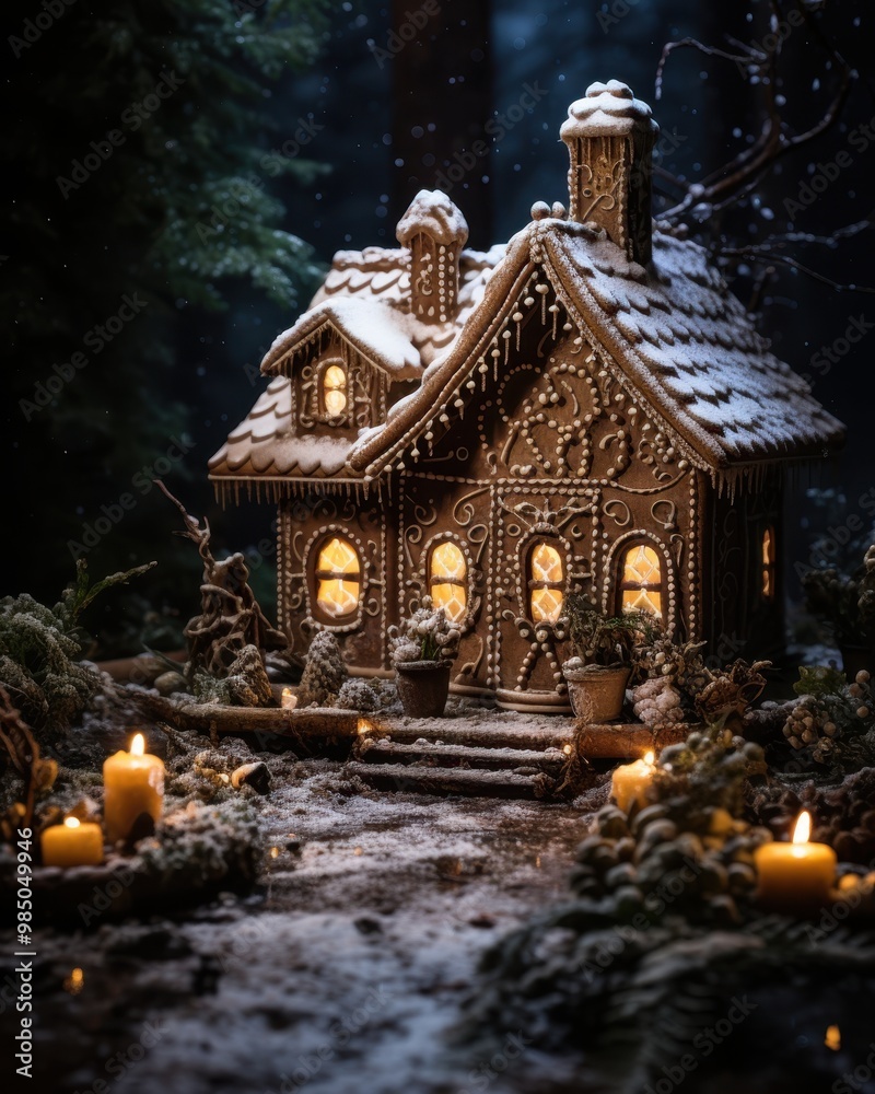 Fototapeta premium A charming gingerbread house adorned with festive decorations and illuminated candles, set in a snowy forest backdrop, Ideal for holiday marketing, baking, and seasonal decoration concepts,