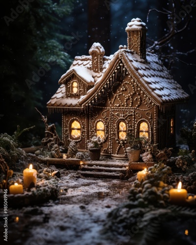 A charming gingerbread house adorned with festive decorations and illuminated candles, set in a snowy forest backdrop, Ideal for holiday marketing, baking, and seasonal decoration concepts,