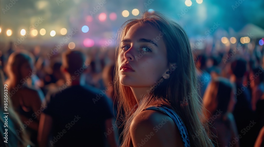Young Woman with Long Hair at an Outdoor Night Concert, Surrounded by a Vibrant Crowd, Colorful Festival Lighting in the Background Young Woman with Long Hair at an Outdoor Night Concert, Surrounded by a Vibrant Crowd, Colorful Festival Lighting in the Background