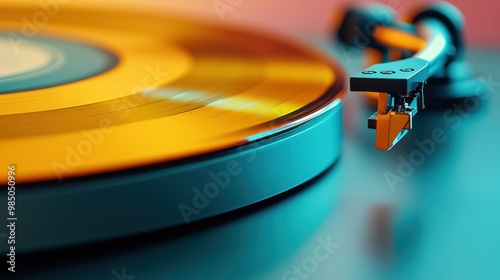 A close up of a turntable with an orange record on it, AI photo