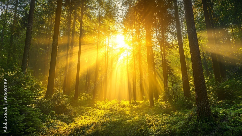 Fototapeta premium Golden Sunlight Filtering Through a Dense Forest