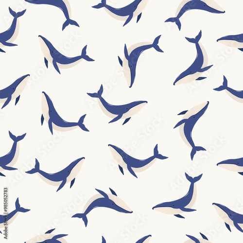 Blue humpback whale seamless pattern. Marine background. Vector illustration.