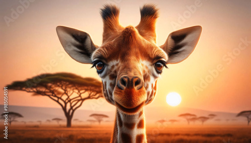 A hyper realistic image of a beautiful giraffe, facing forward with soft, silky fur standing by an acacia tree in the Serengeti with soft, dawn light in the distance.