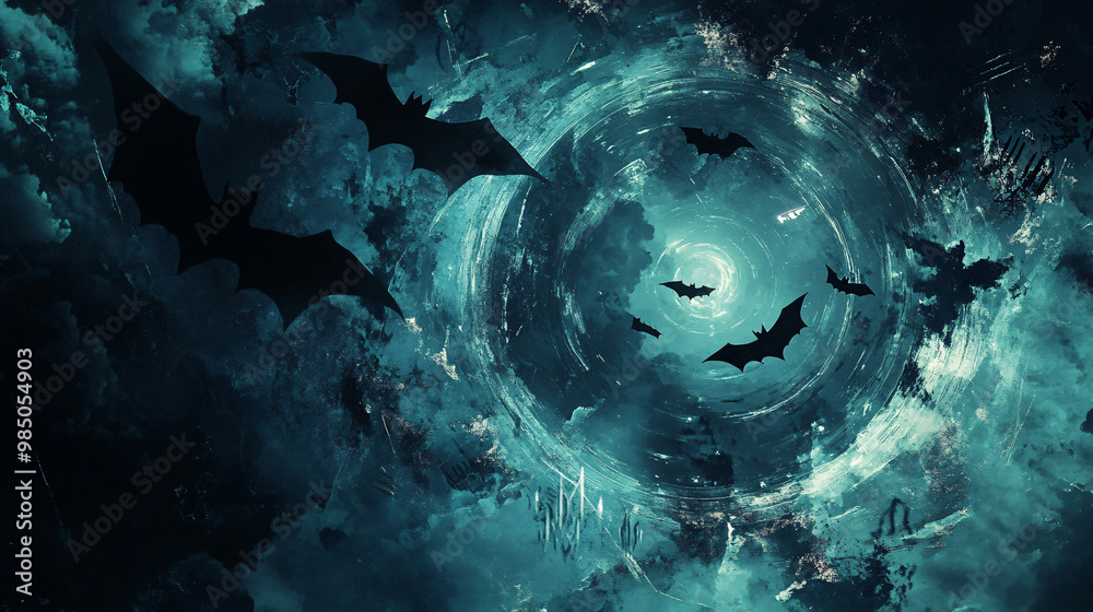 A dark graphic showing bats flying through a vortex of mystical energy and runes in the sky. A dark graphic showing bats flying through a vortex of mystical energy and runes in the sky.