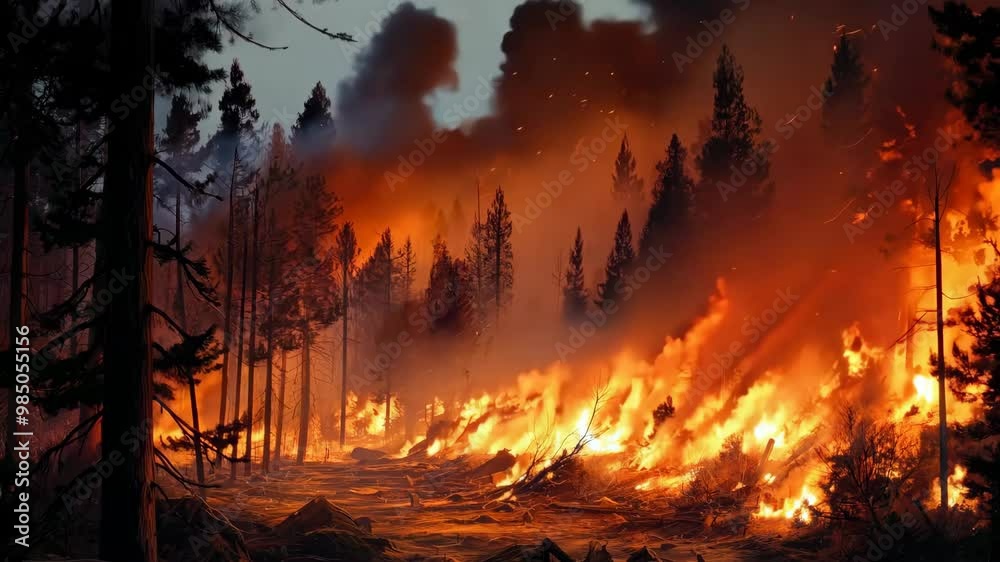 Animation of forest fire burning with lot of smoke at night. Wildfire. Heatwave causes forest burning rapidly and destroyed, natural calamity. Pine trees burned during the dry season. Natural disaster Animation of forest fire burning with lot of smoke at night. Wildfire. Heatwave causes forest burning rapidly and destroyed, natural calamity. Pine trees burned during the dry season. Natural disaster