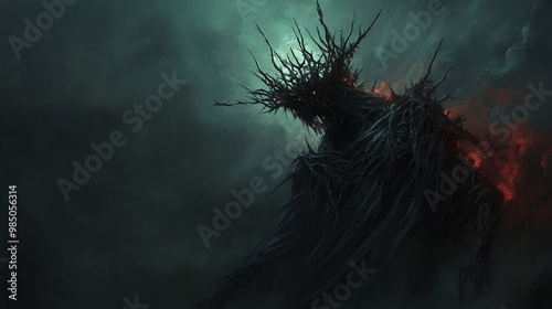 A dark fantasy artwork showing a demon with a crown of thorns, symbolizing torment and power. photo