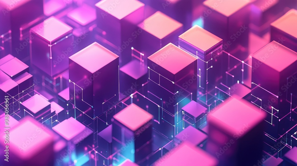 Abstract background with neon pink and blue glowing cubes and lines. Abstract background with neon pink and blue glowing cubes and lines.