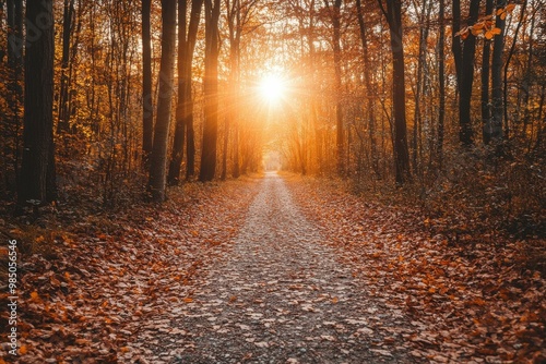 Scenic Autumn Forest Pathway Bathed in Warm Sunlight - Ideal for Travel Marketing, Outdoor Activities, and Nature Photography