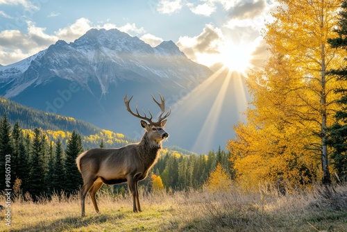 Majestic Stag in Autumn Landscape with Mountain Backdrop - Stunning Wildlife Photography for Nature Tourism and Eco-Tourism Marketing photo