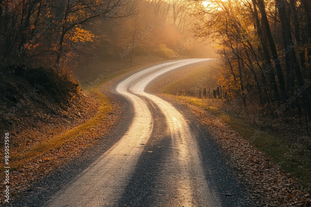 Obraz premium Winding Autumn Road at Golden Hour - Serene Fall Landscape for Travel and Nature Photography