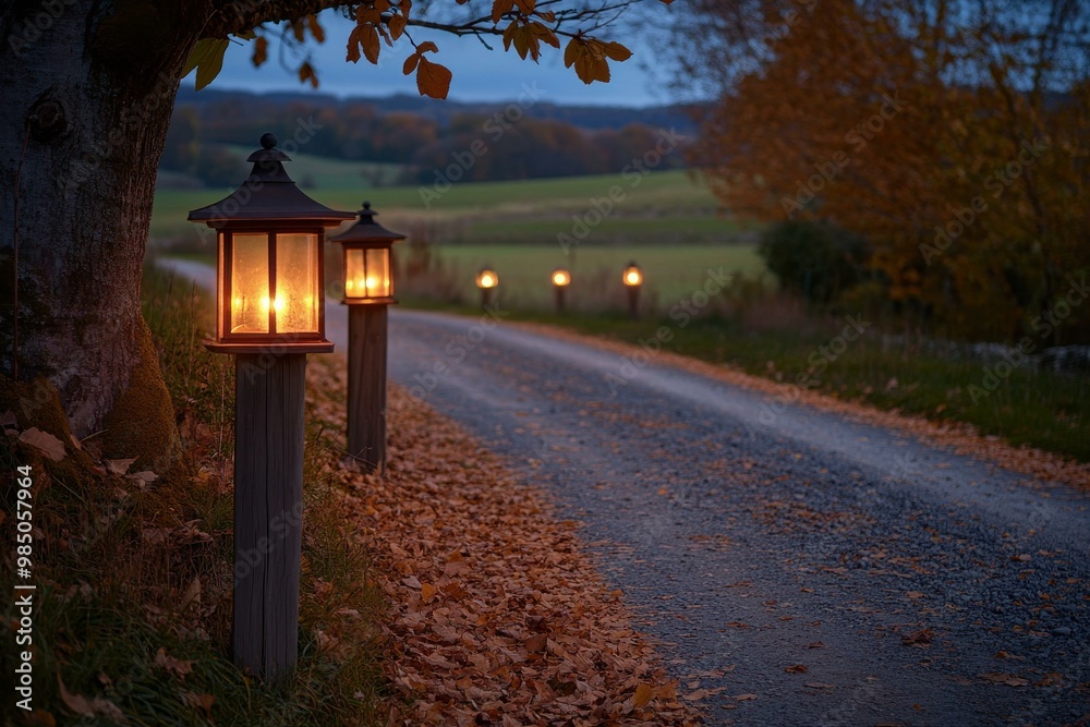 Serene Autumn Gravel Road with Illuminated Lanterns - Cozy Fall Landscape for Home Decor and Lifestyle Inspiration Serene Autumn Gravel Road with Illuminated Lanterns - Cozy Fall Landscape for Home Decor and Lifestyle Inspiration