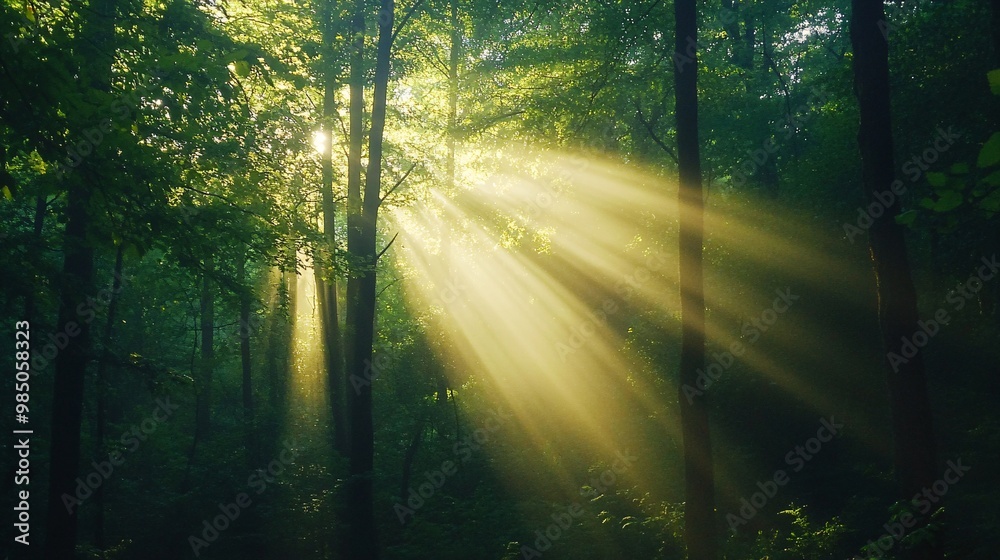 Naklejka premium Sunbeams Illuminating a Lush Forest