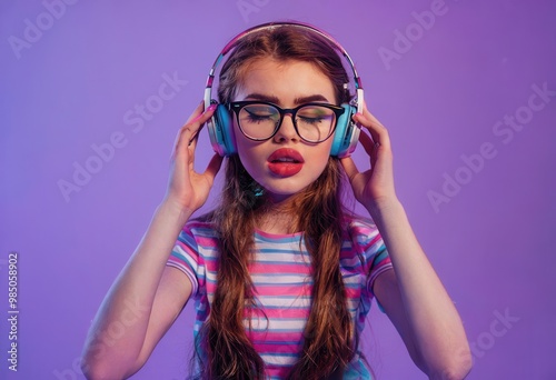 A young girl wearing headphones enjoys music against a colorful background. photo