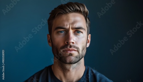 Contemplative Portrait of a Man Against a Dark Blue Backdrop with Banner Space for Text