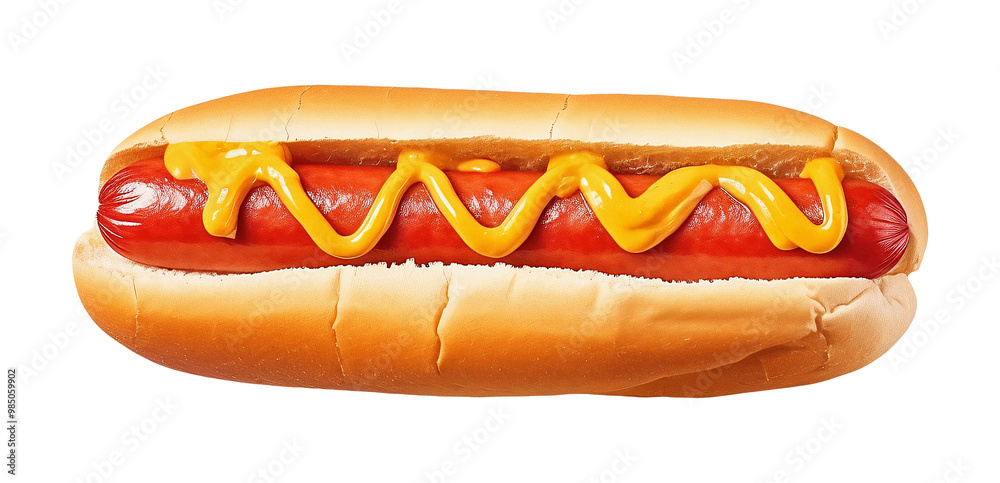 Hotdog on a bun with generous mustard drizzle Hotdog on a bun with generous mustard drizzle