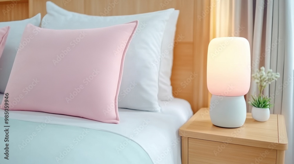 A bed with a nightstand and two pillows on it, AI A bed with a nightstand and two pillows on it, AI
