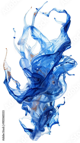 A vibrant blue ink splash isolated on a white background, showcasing the dynamic movement and texture of liquid in motion. The abstract composition highlights the fluid and creative energy of the spla photo