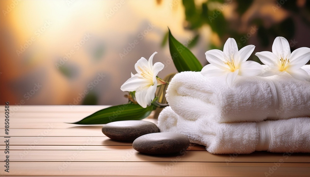 White towels with stones, and white flowers, spa ambiance background White towels with stones, and white flowers, spa ambiance background