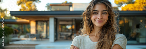Smiling woman in front of a modern house
