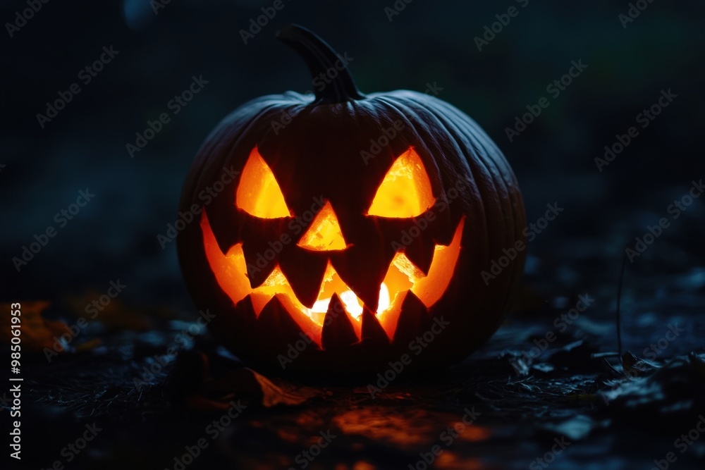 A Halloween pumpkin with a glowing, carved face on a black background Generative AI A Halloween pumpkin with a glowing, carved face on a black background Generative AI