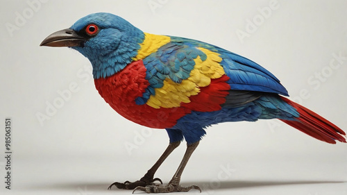 A bird with mismatched features—a large, heavy body with tiny wings, an oversized beak, and brightly colored, irregular feathers in red, blue, and yellow. Its eyes are wide 