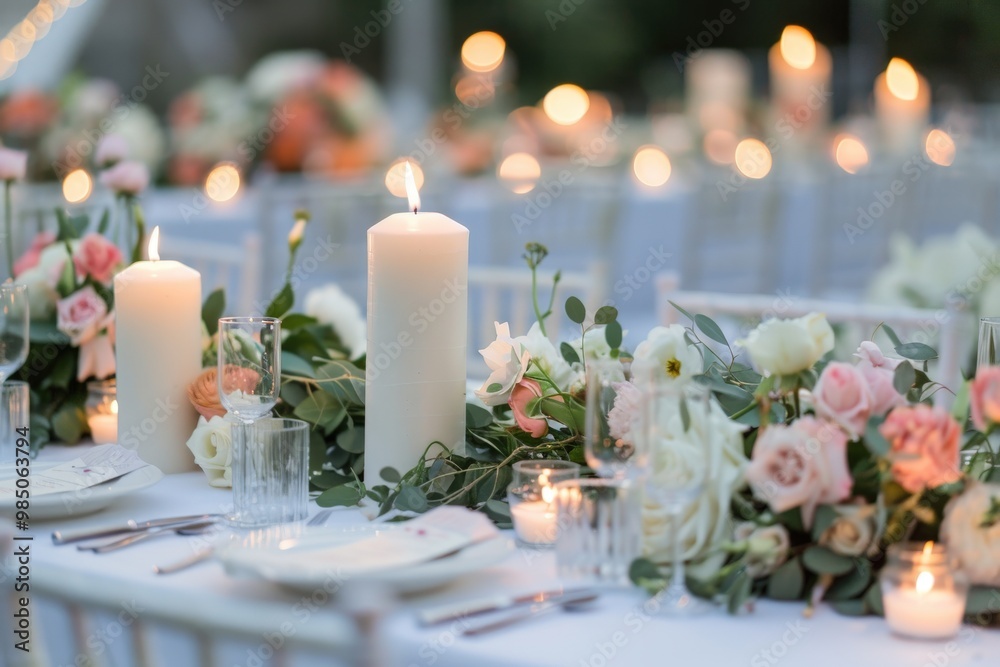 A table with a long candle holder with many candles on it, generative ai image