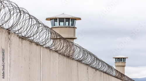 Barbed wire and surveillance tower on a prison wall. photo