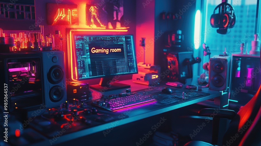 Room with neon gaming PC desktops and text 'Gaming room Room with neon gaming PC desktops and text 'Gaming room