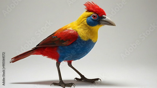 A bird with mismatched features—a large, heavy body with tiny wings, an oversized beak, and brightly colored, irregular feathers in red, blue, and yellow. Its eyes are wide 