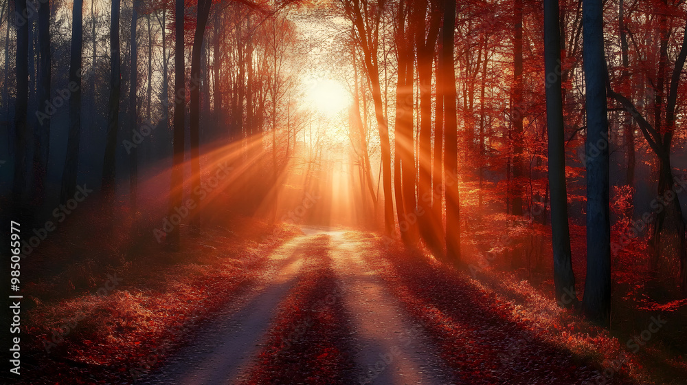 Naklejka premium Sunbeams through autumn forest trees at sunrise 