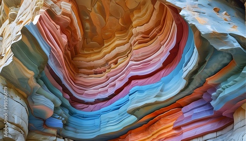 Vibrant close-up of intricate patterns and colorful stratified rock layers photo