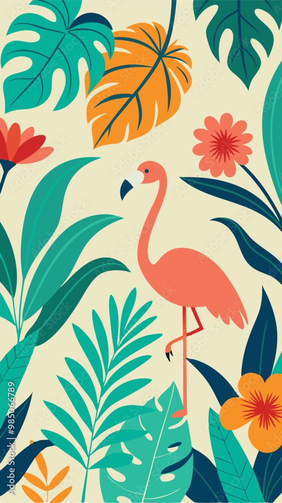 Obraz premium Tropical flowers, plants, leaves and flamingos. Vector illustration of exotic pattern, Hawaiian flowers for background, wallpaper or poster