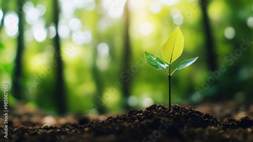 A Single Sapling Emerging from the Soil in a Forest