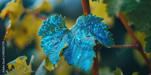 Blue spots of copper sulfate on young vine leaves in the field