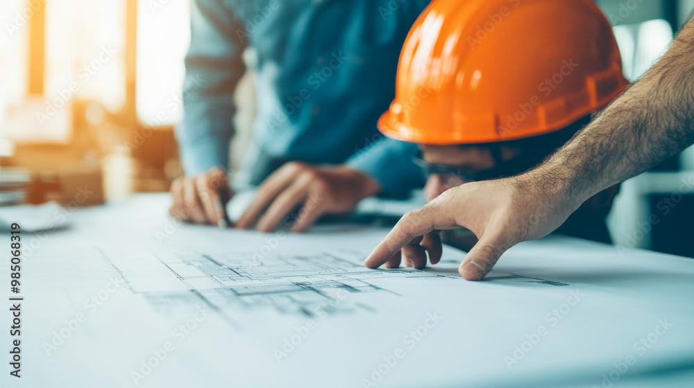 Construction workers review blueprints. Construction workers review blueprints.