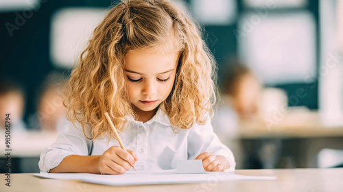 Young Blond Girl Focused on Writing in Bright Classroom Setting