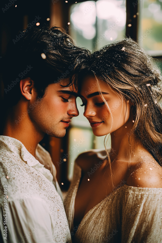 Naklejka premium Romantic Couple Sharing Intimate Moment with Snowflakes