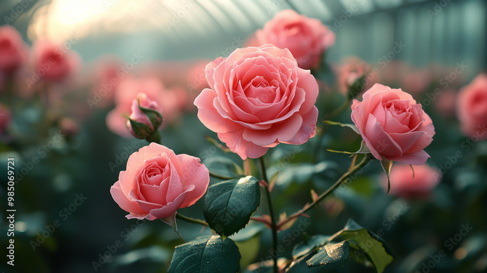 Delicate pink roses bloom in a garden, bathed in warm sunlight. Delicate pink roses bloom in a garden, bathed in warm sunlight.