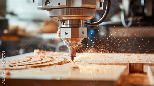 Wood CNC router in action, showcasing intricate details and craftsmanship in professional photography.