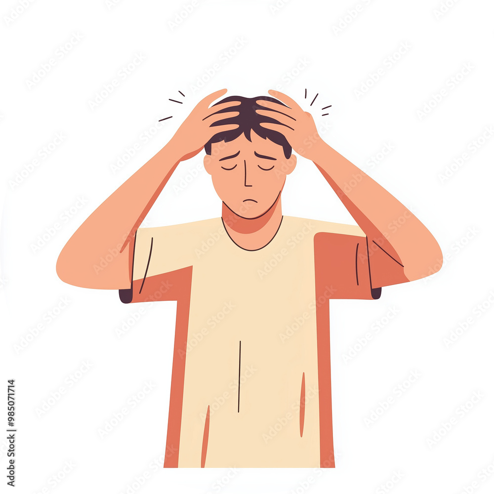 Man In Distress: Illustration Of Frustrated Male With Migraine, Stress, And Anxiety Problems Holding Head In Painful Anguish. Disease Concept. Man In Distress: Illustration Of Frustrated Male With Migraine, Stress, And Anxiety Problems Holding Head In Painful Anguish. Disease Concept.